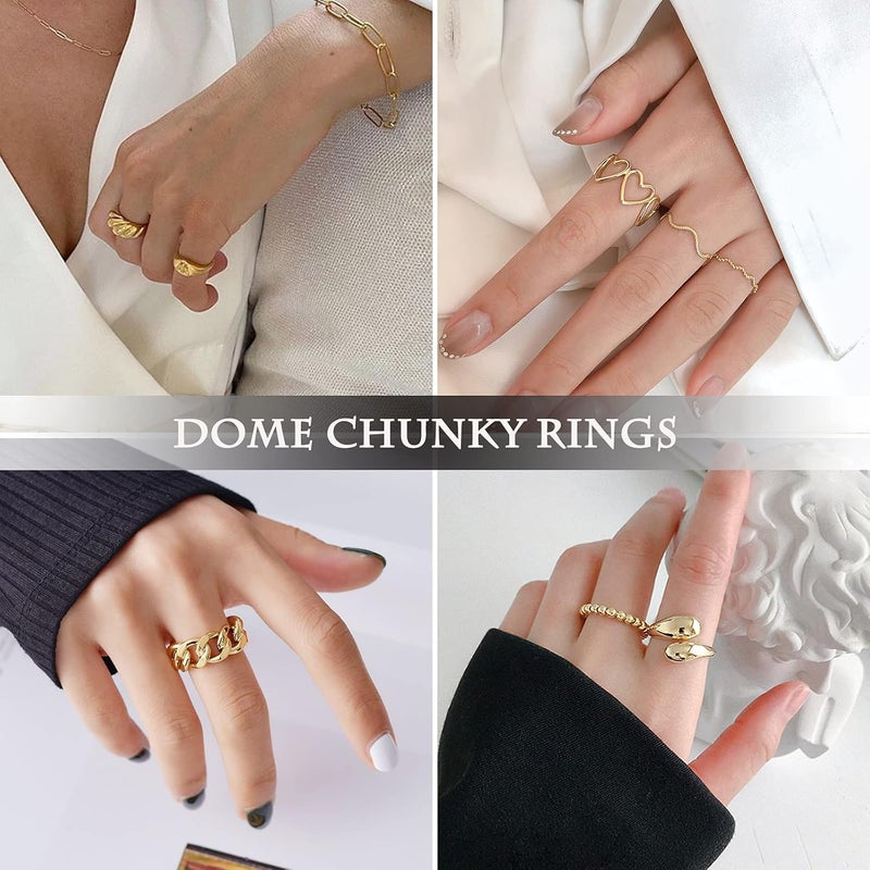 MOROYA 10PCS Gold Dome Chunky Rings for Women 18K Gold Plated Braided Twisted Round Signet Rings Adjustable Open Ring Band Statement Jewelry Size 7-9 - Image 3